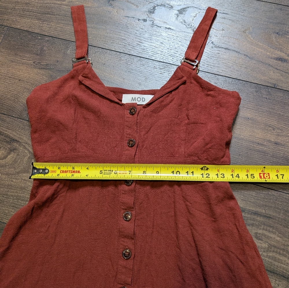 MOD Rust Button-Front Linen Cotton Mini Dress Size Medium - Picture 5 of 9